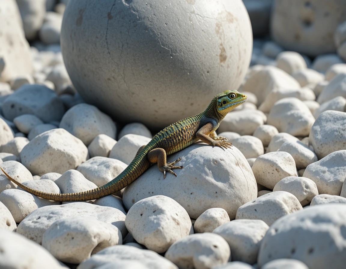 Small lizard resting on white pebbles in natural sunlight