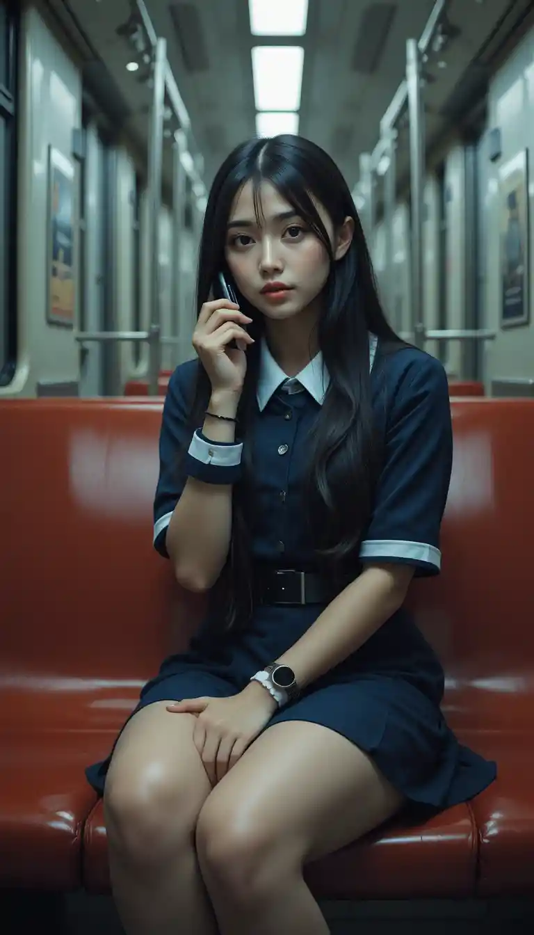 Young woman in school uniform on a quiet train