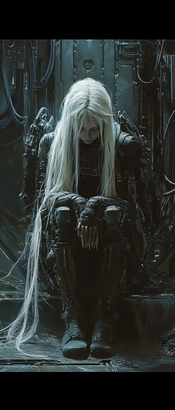 Young woman with industrial wings in worn sci fi armor