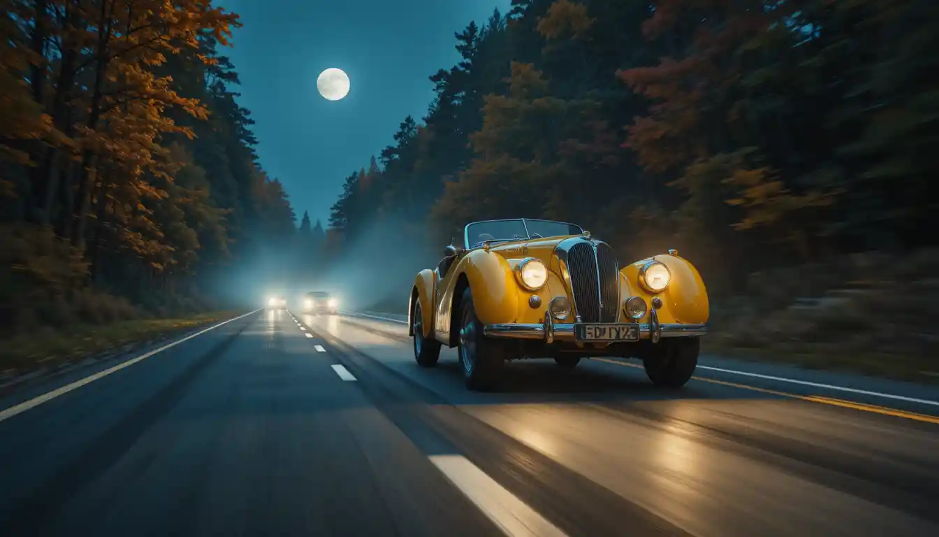 Auto d’epoca che sfreccia su un’autostrada nel bosco illuminata dalla luna