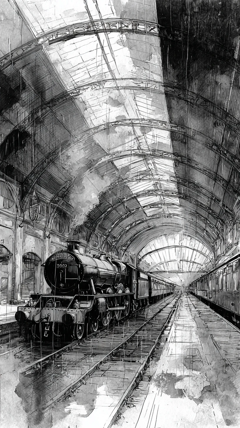 Vintage-Dampflok in riesiger Bahnhofshalle mit Gewölbe