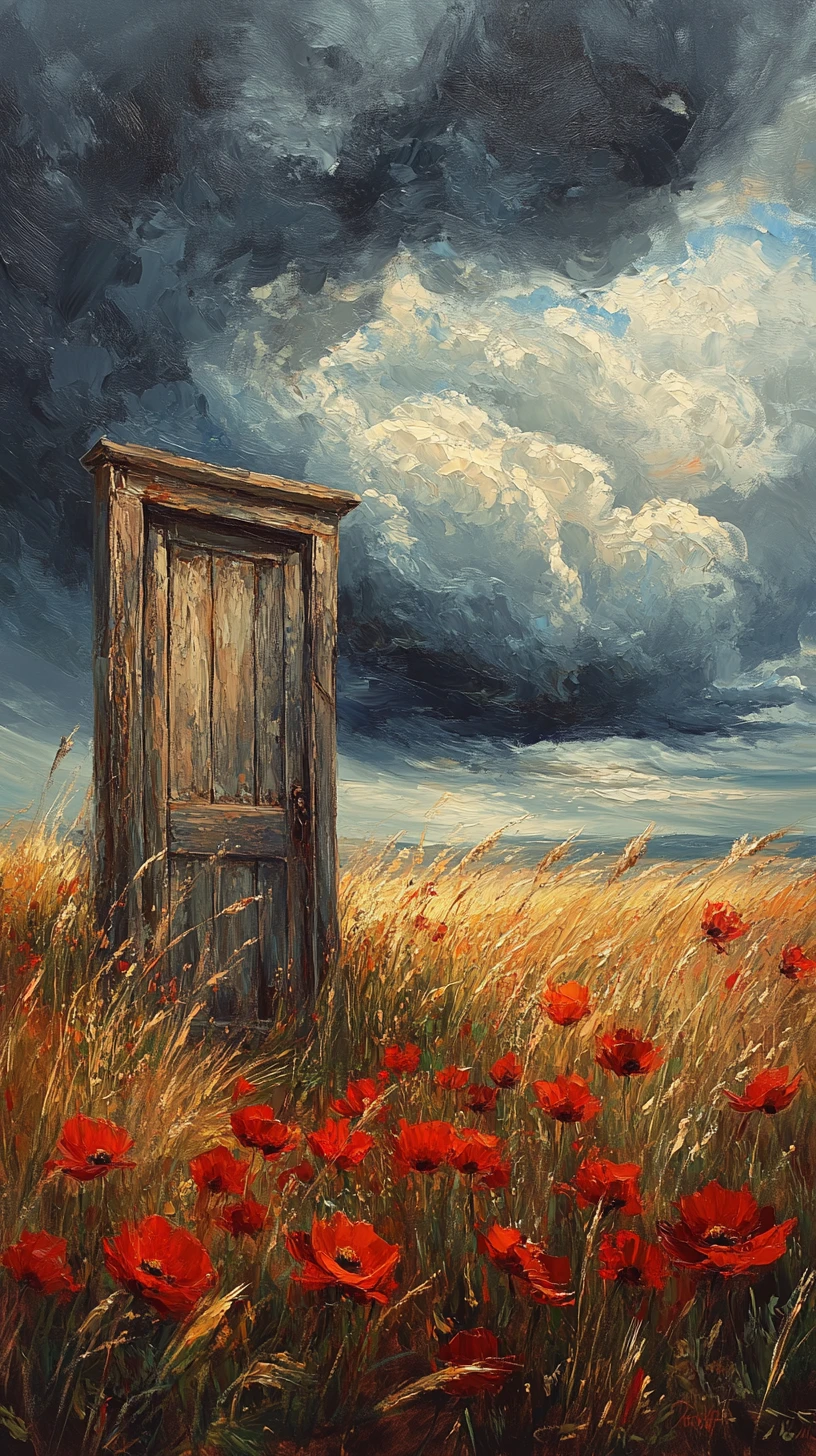 Vieja Puerta de Madera en un Campo de Amapolas Rojas
