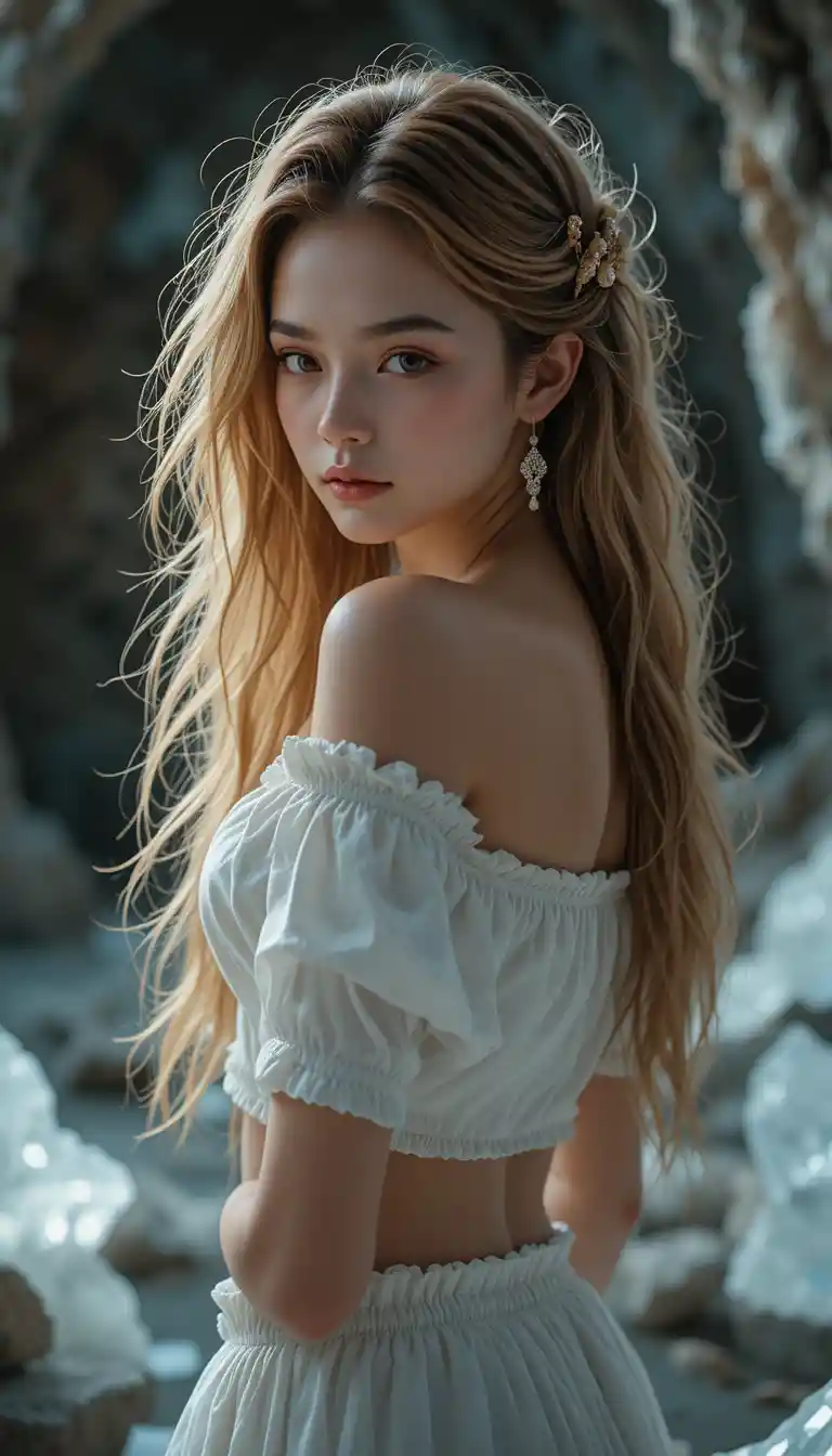 White haired princess in a skirt posing in profile