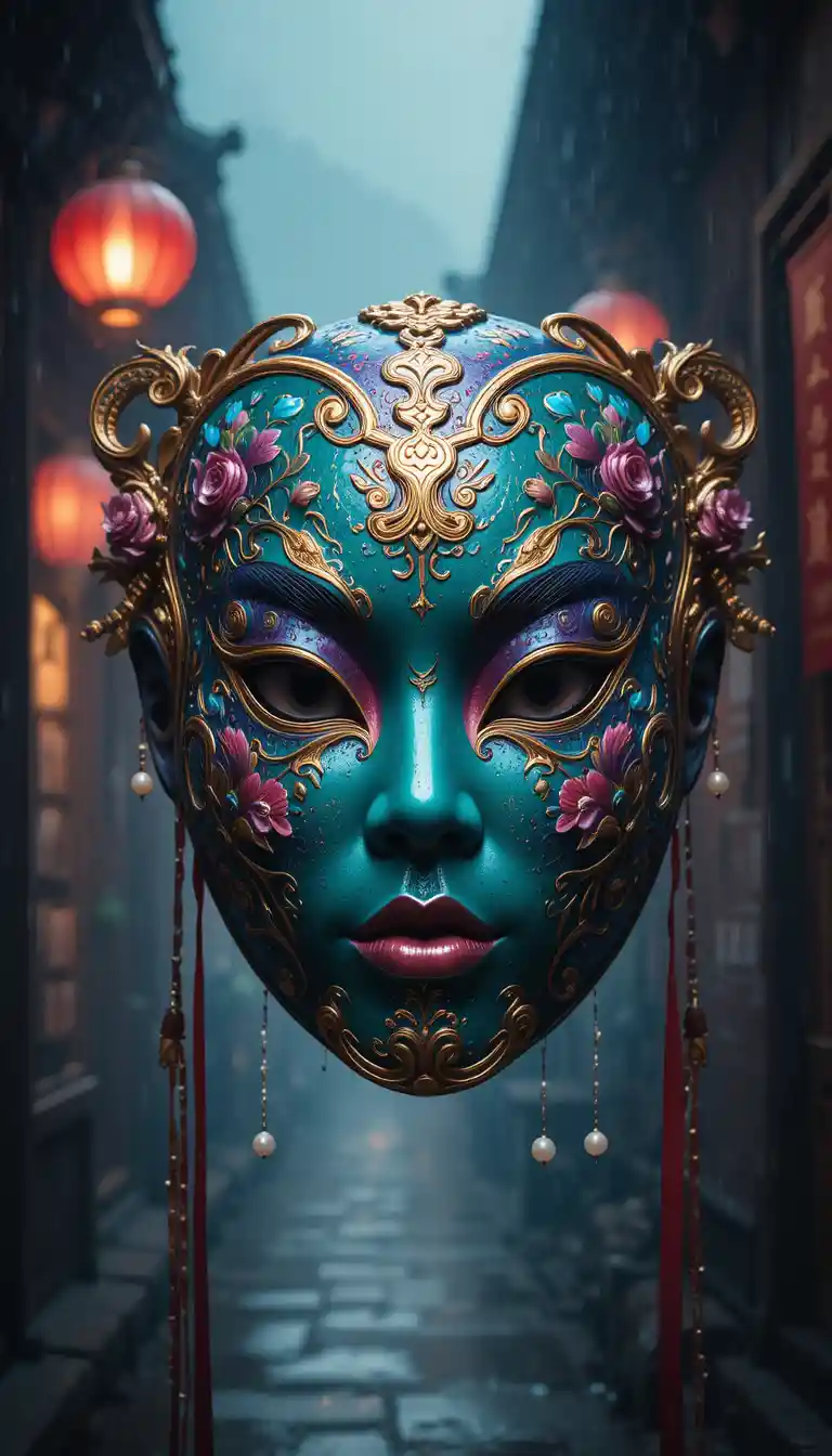 Chinese opera mask glowing in red lantern sidelight