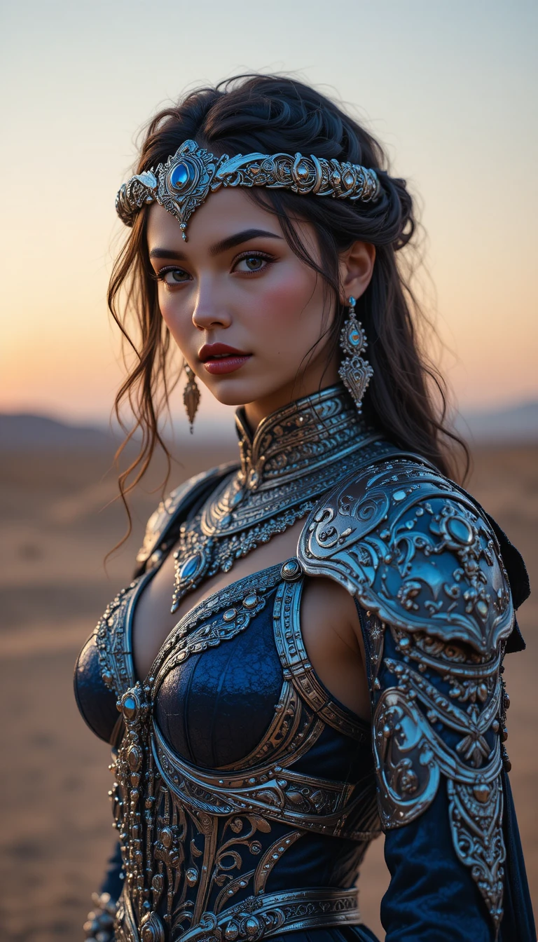 Princesa guerrera beduina con armadura de zafiro al atardecer