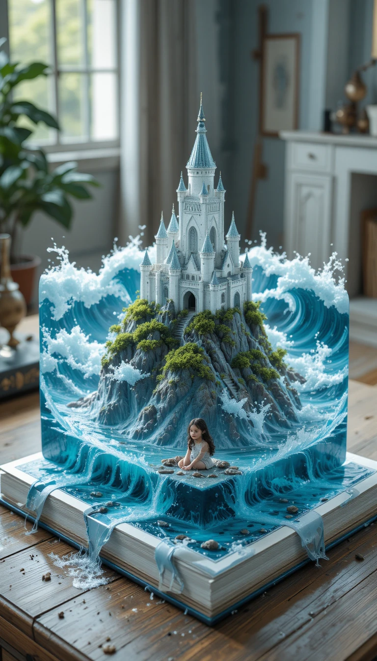 Mondo fantasy isometrico che emerge da un libro aperto