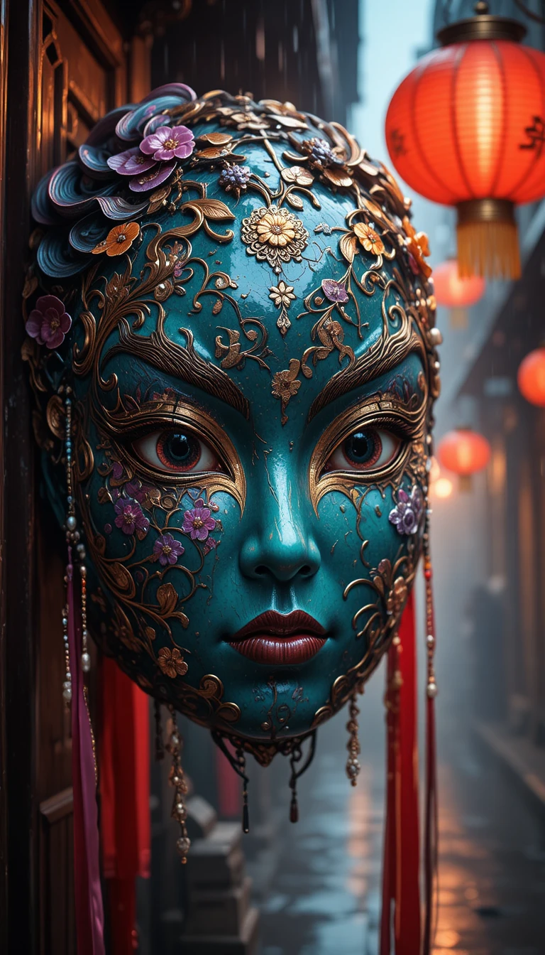 Chinese opera mask glowing in red lantern sidelight