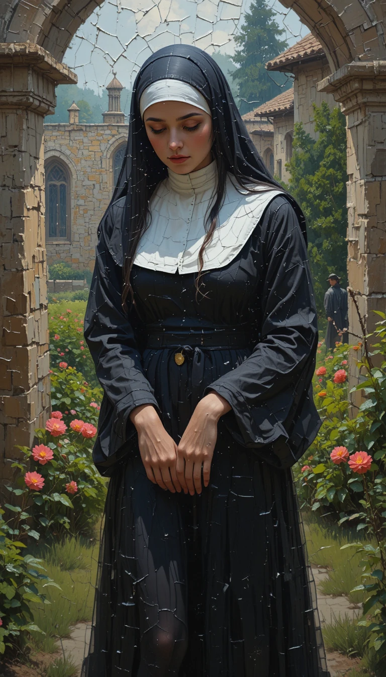 Linda freira em jardim de mosteiro com pintura em impasto texturizado