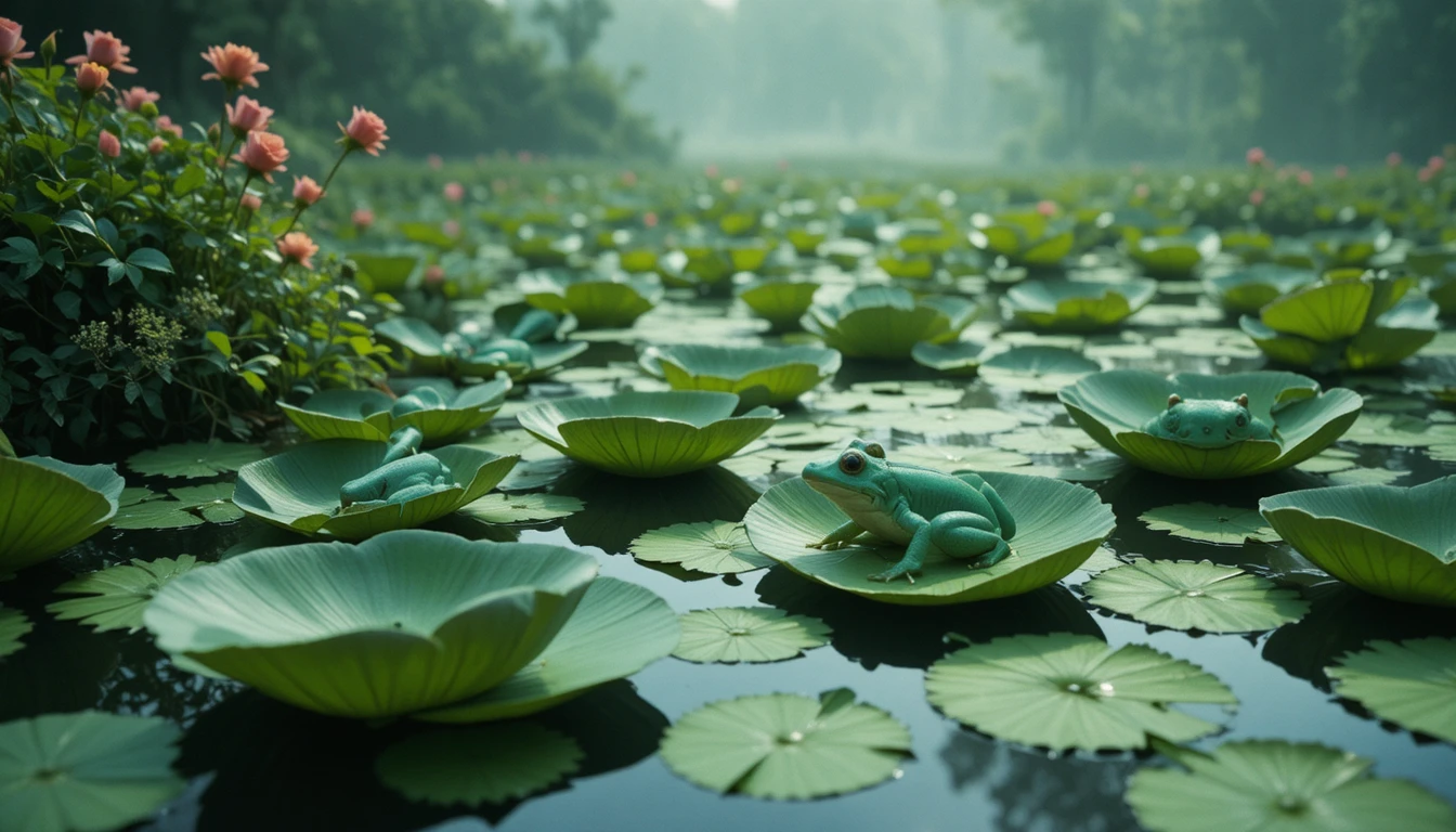 Grandes vitórias-régias com sapos em um lago calmo e cristalino