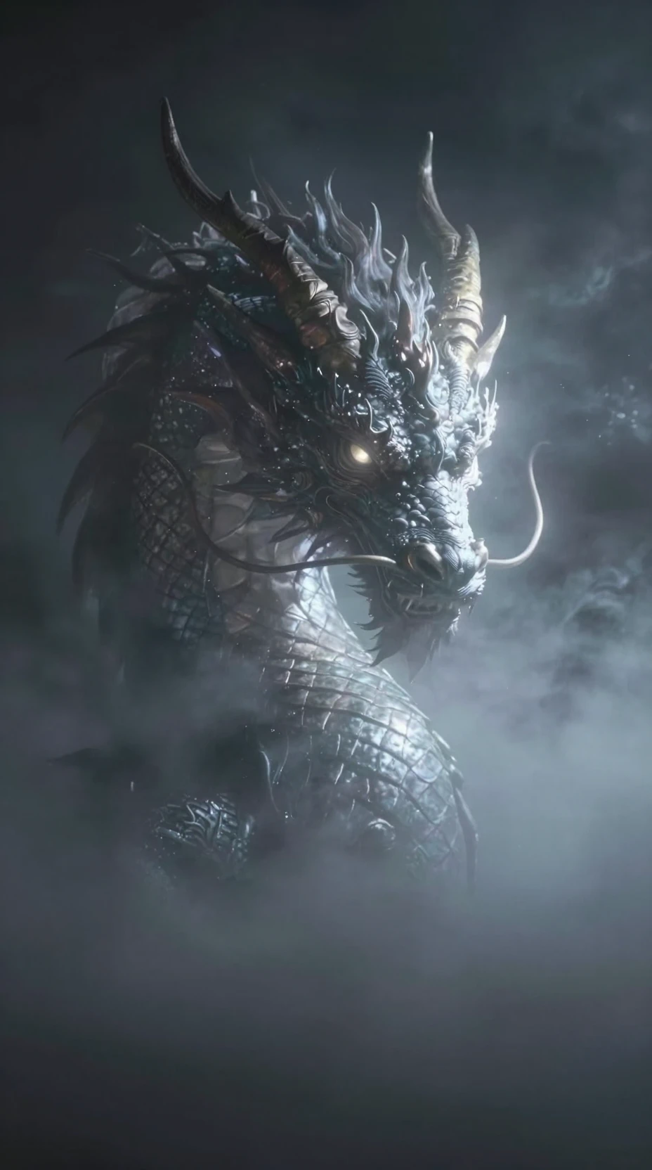 Ethereal dragon head forming from glowing swirling mist