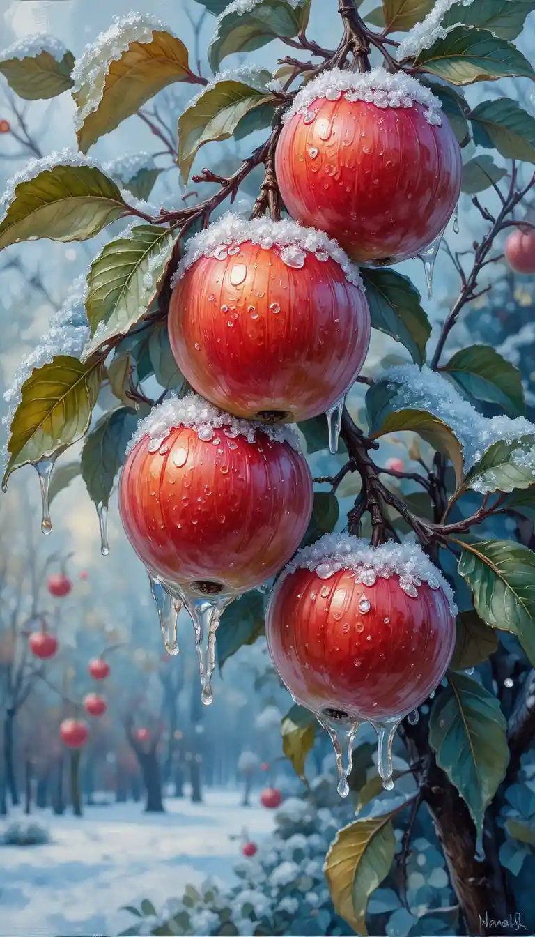 Primo Piano di Mele Invernali Ghiacciate su un Albero di Dicembre