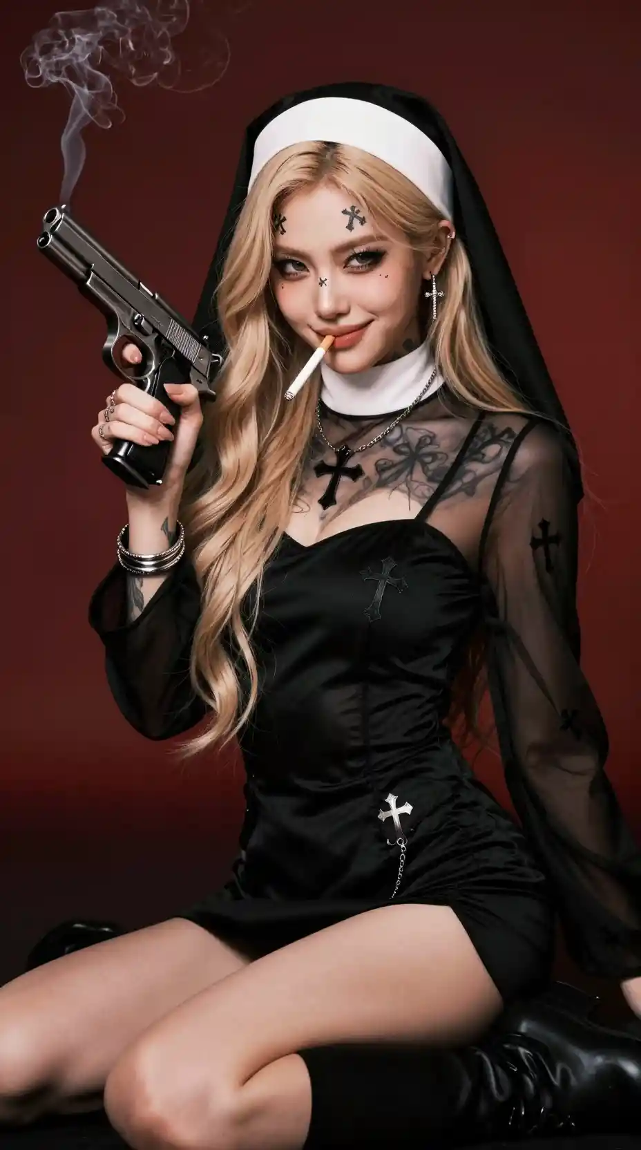Donna bionda tatuata come suora oscura con pistola