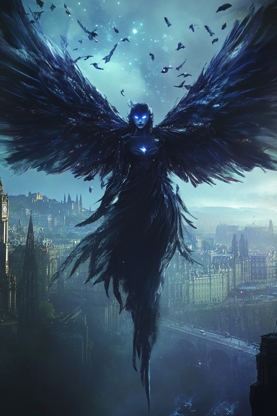 Retrato místico e cinematográfico de uma mulher com penas de corvo