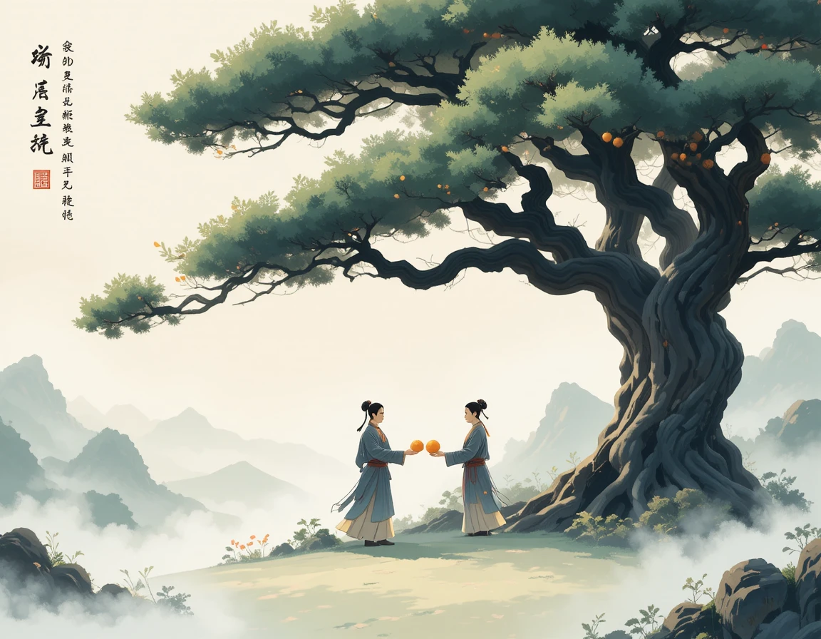Imperial figures trading oranges in misty Chinese mountains
