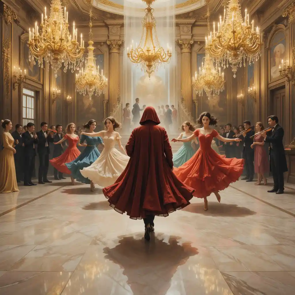 Golden chandeliers above masked dancers on polished marble floor