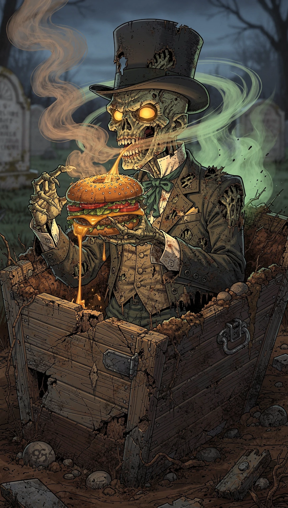Zeichentrick-Zombie im Sarg, der einen saftigen Cheeseburger isst