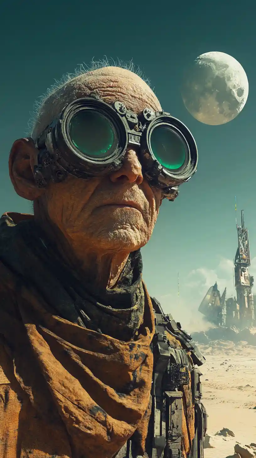 Bald old man in goggles standing alone in the desert