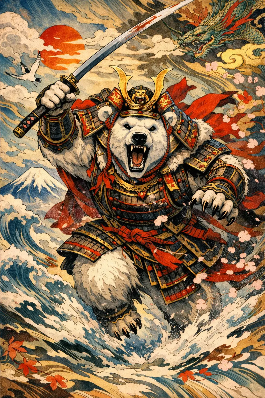 充滿動感的日本奇幻場景中的重甲北極熊戰士