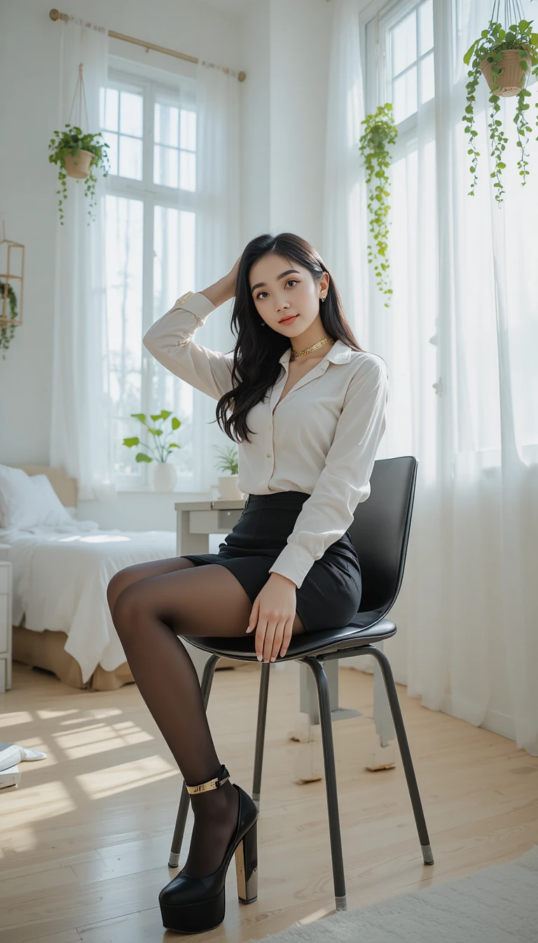 Young Asian woman posing on chair in bright modern room