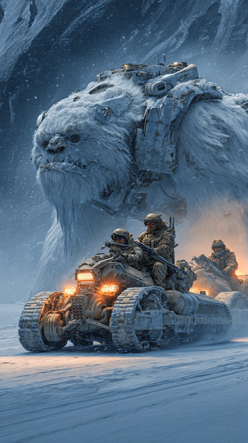 Yéti blanc en armure cybernétique sur un champ de bataille de montagne gelé