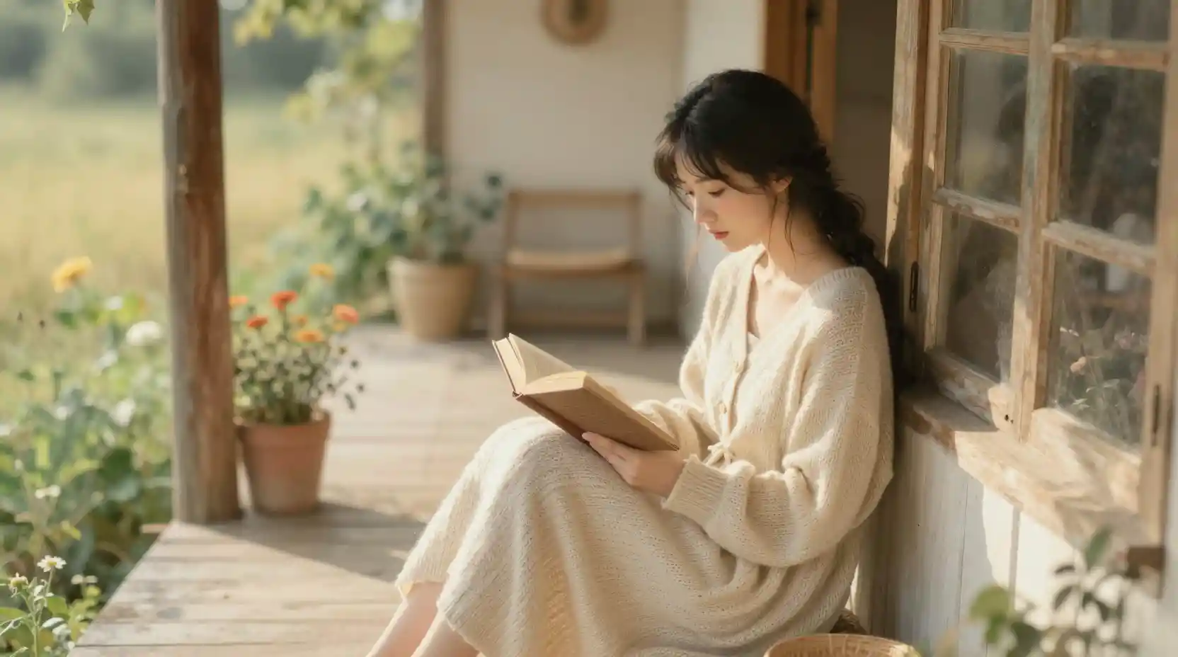 Young woman reading on a rustic sunlit porch
