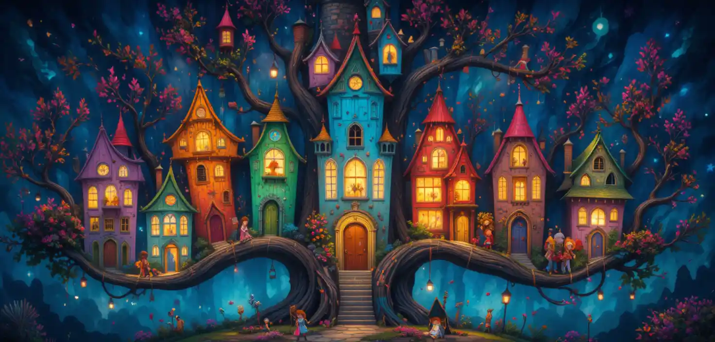 Whimsical treehouse village nestled in a vibrant fantasy tree