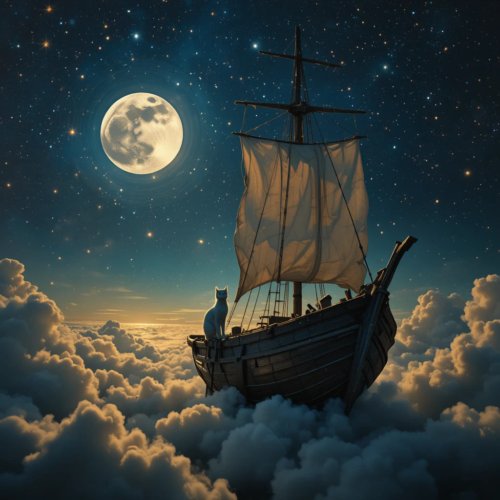 Gato branco em barco voador sob um céu noturno luminoso