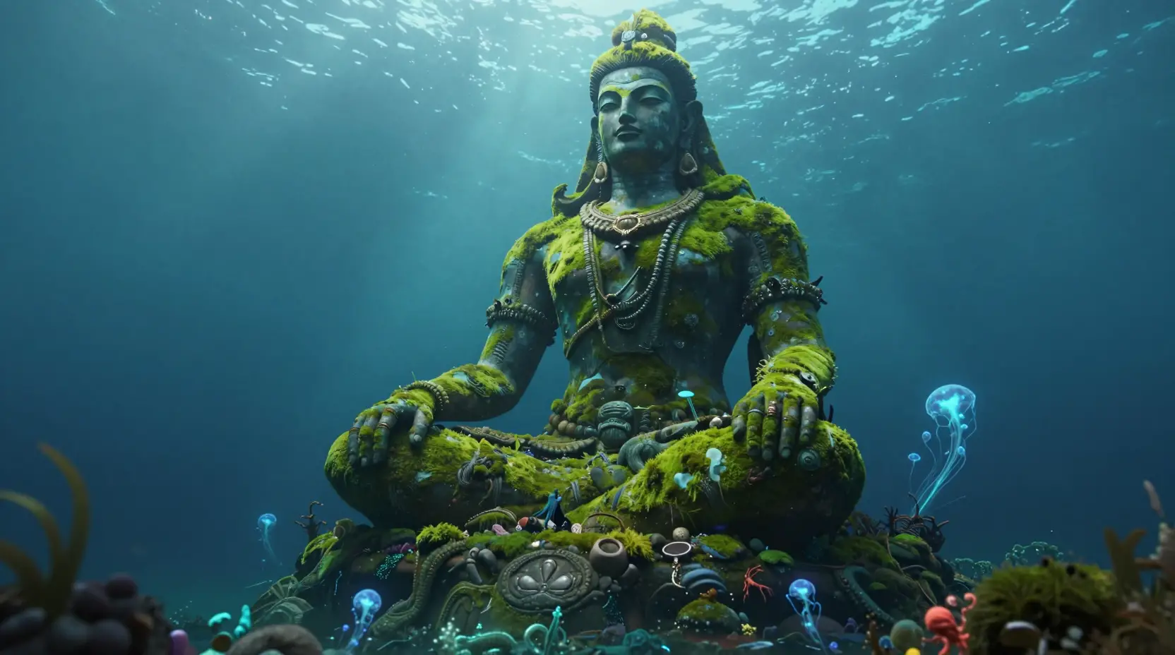 Ancient deity statue in a glowing alien ocean