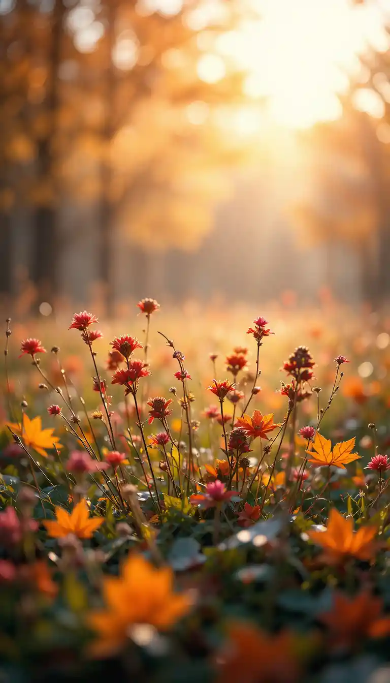 Autumn Meadow Wildflowers In Glowing Backlit Bokeh