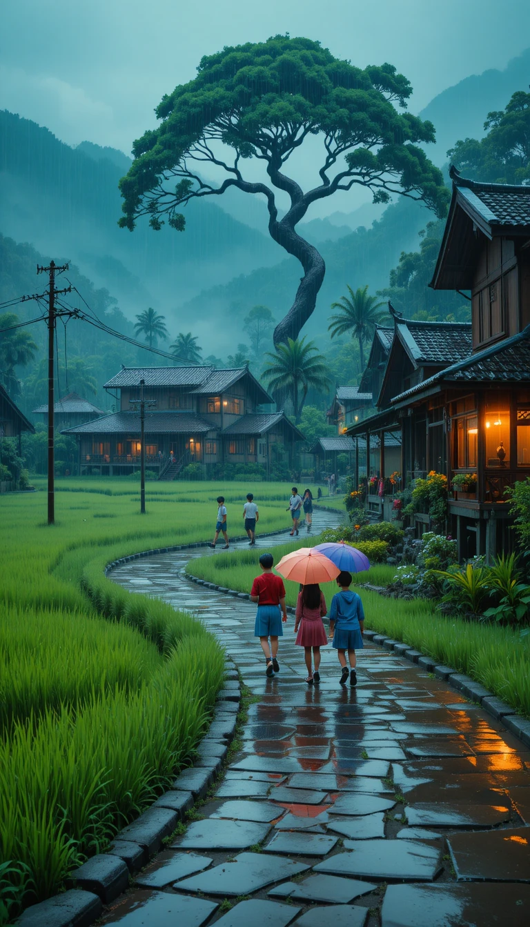 撐著雨傘走過雨中村莊的學童