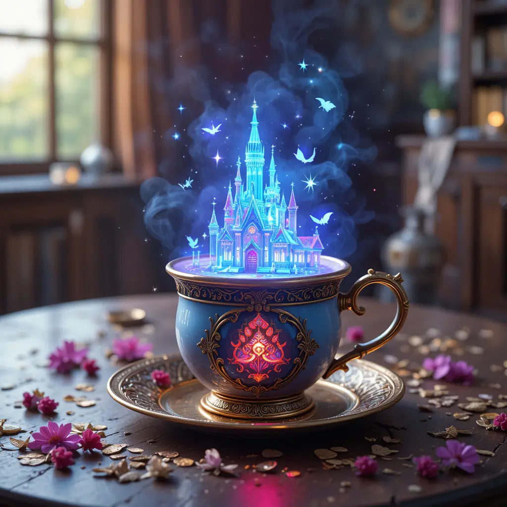Tazza magica luminosa che proietta un brillante ologramma da fiaba