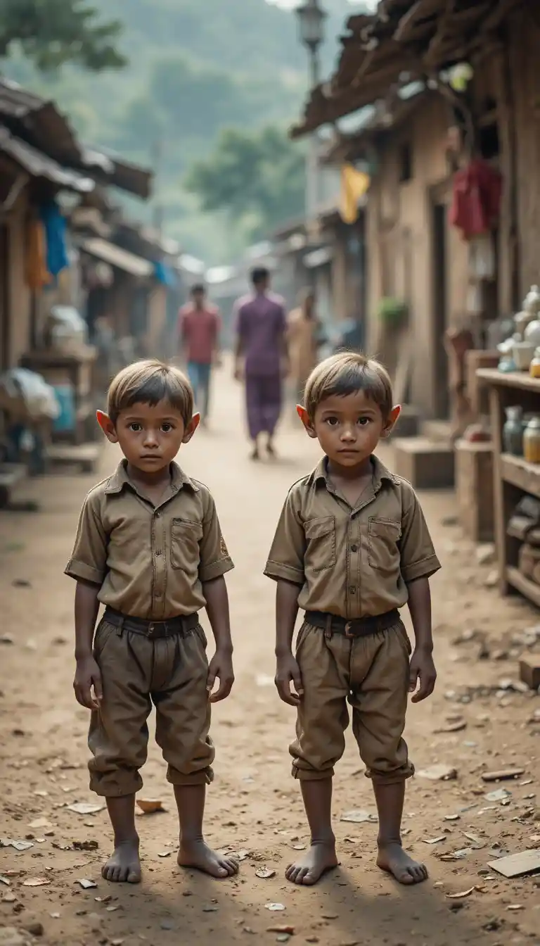 Two young monkeys on a dusty indian village street