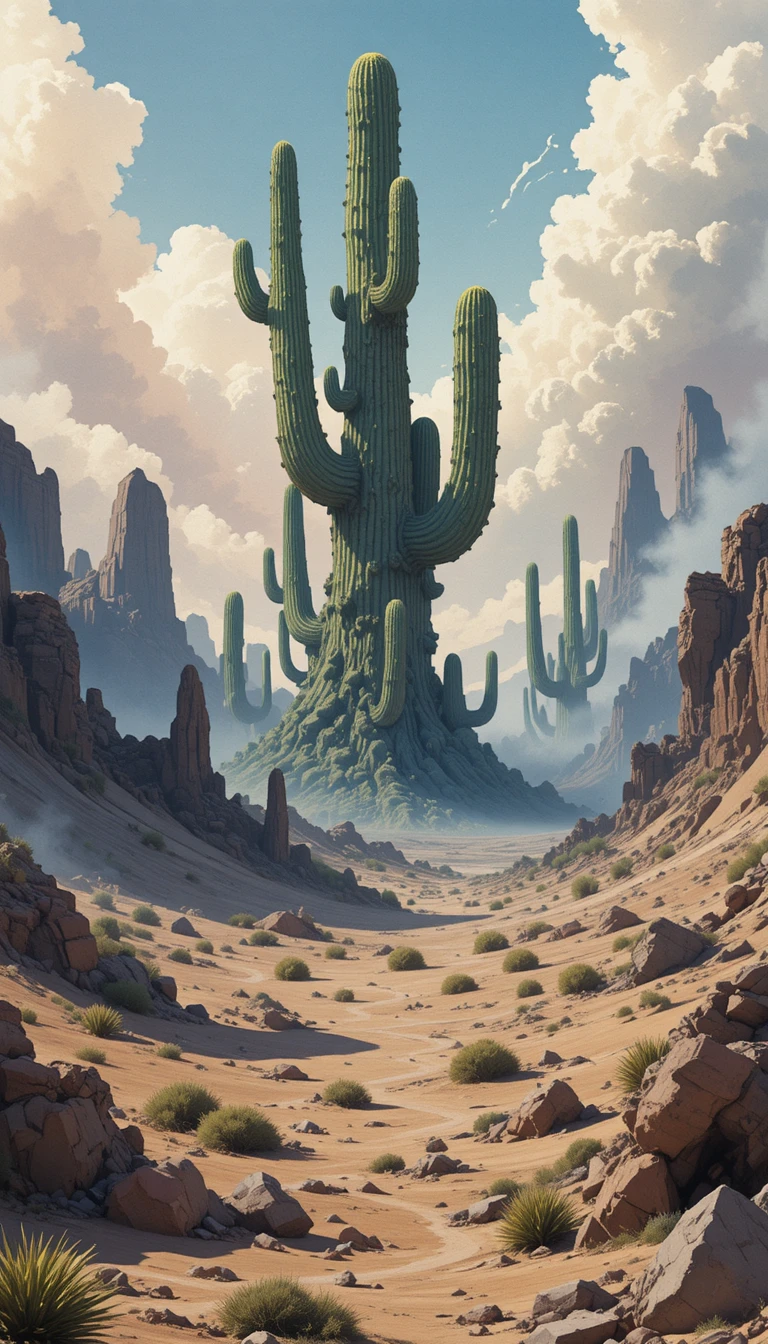 Surreal Desert Landscape With Towering Twisted Cacti