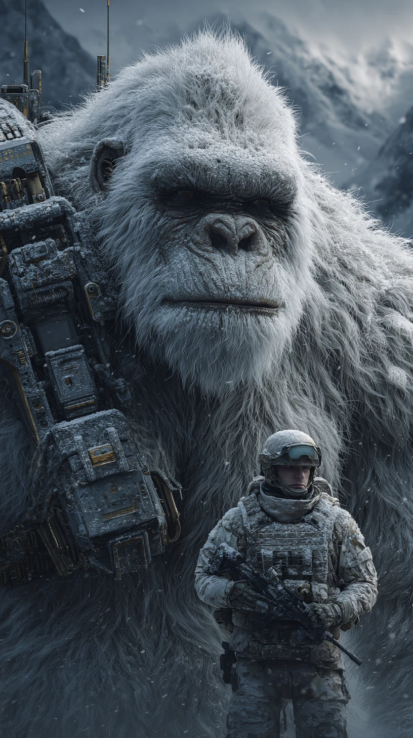 Yeti cibernético blindado em close ao lado de soldado de inverno