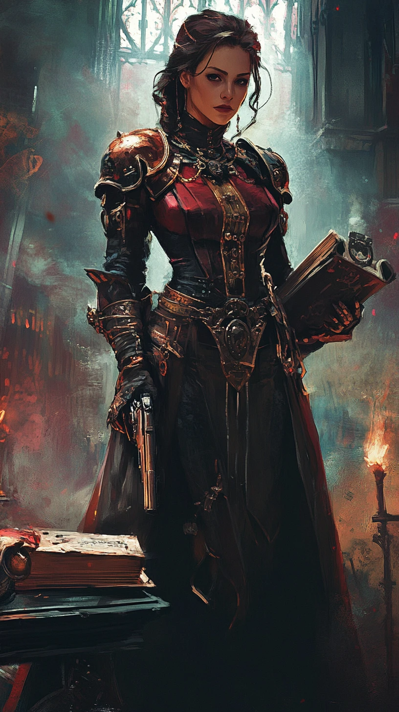 Sacerdotisa vampira em uma rua sombria steampunk