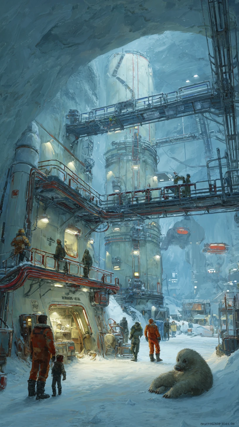 Interno di città glaciale futuristica con bambino e scimmia cibernetica