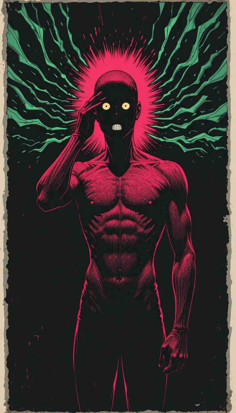 Figura maschile stilizzata e ansiosa in una tesa scena di fumetto underground