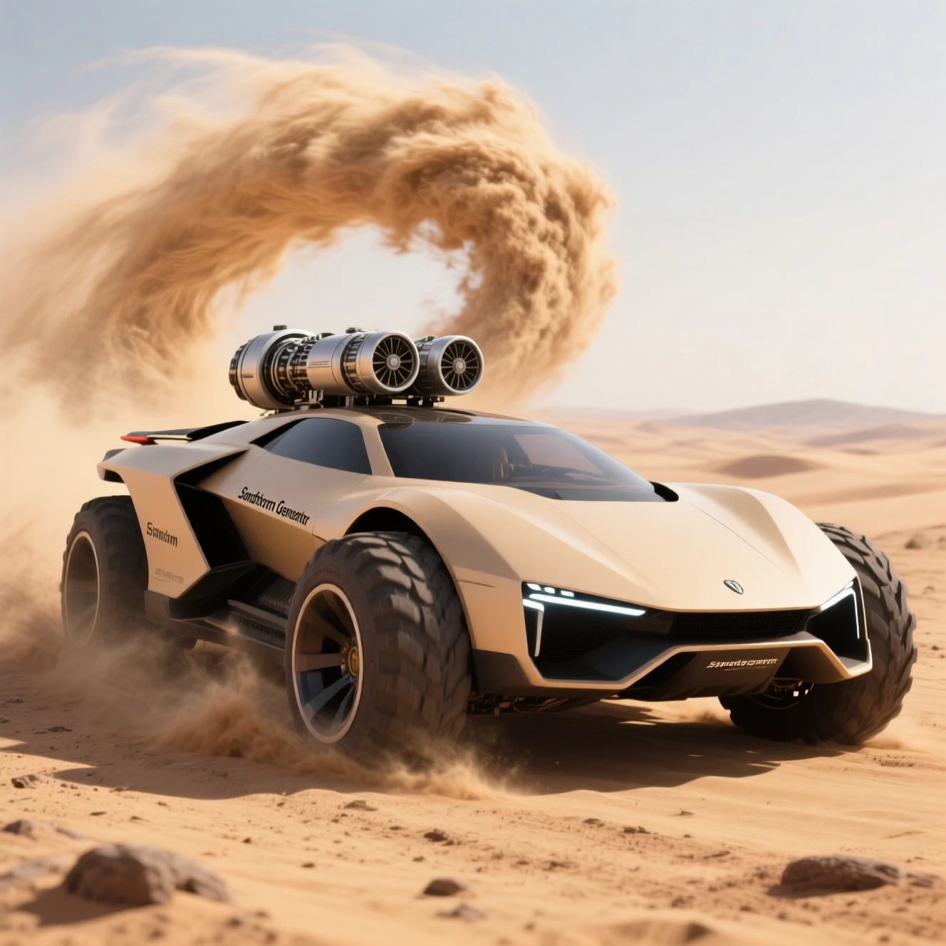 Hypercar futuriste fonçant à travers une tempête de désert high-tech
