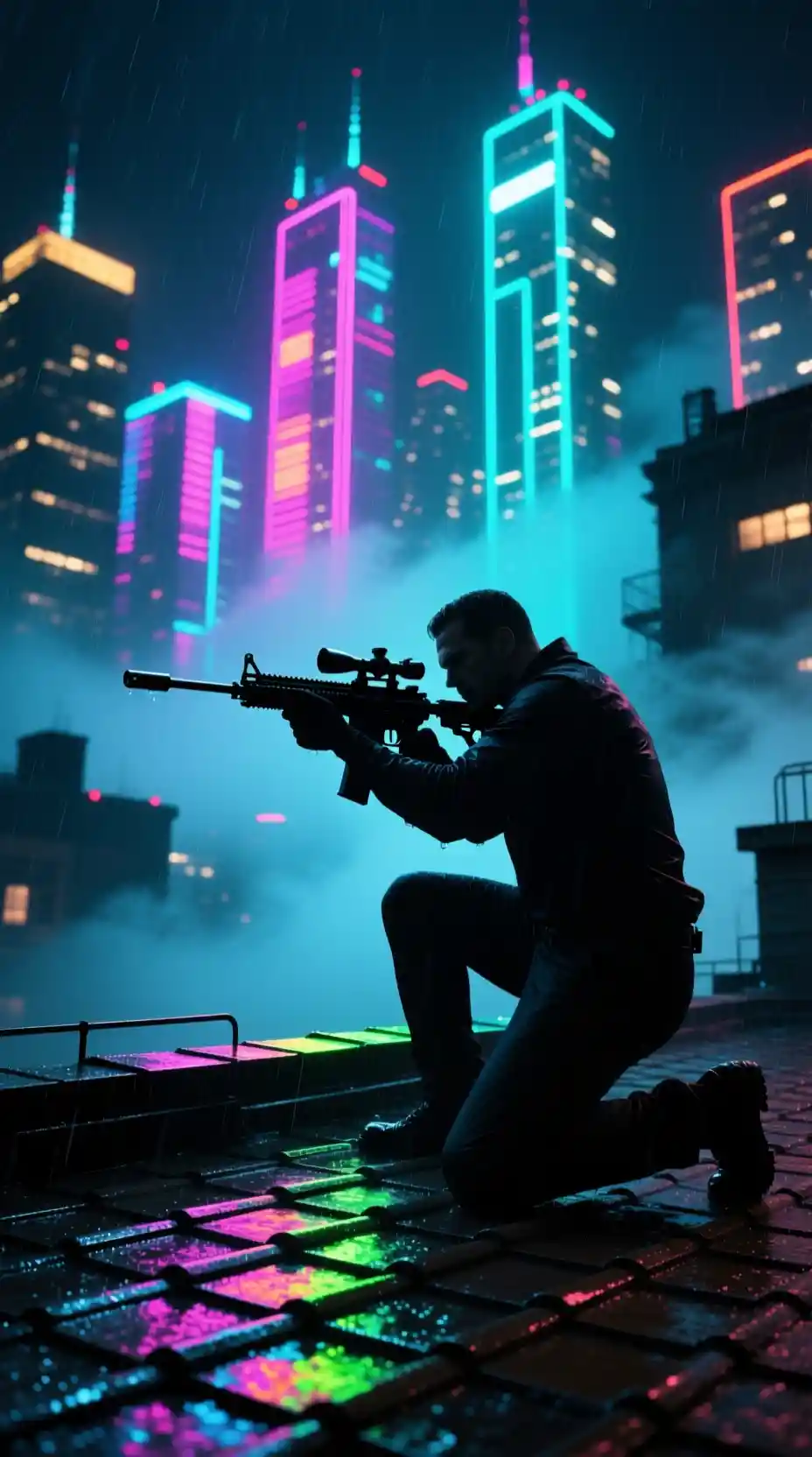 Sniper Silhouette On Neon Rooftop In Rainy Night City