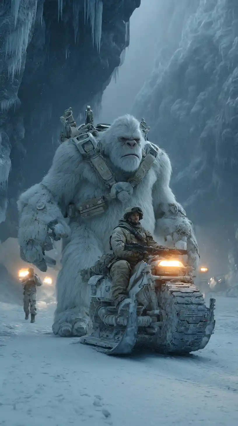 Yeti bianco corazzato cyber in guerra su cupe montagne innevate