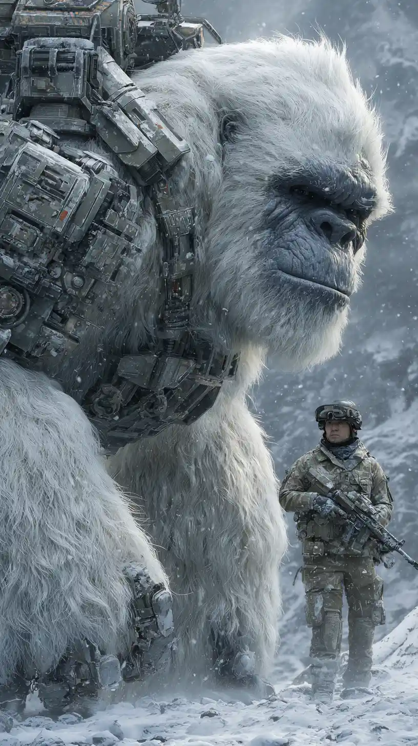 Primer plano de un yeti blanco con armadura cibernética en montañas nevadas