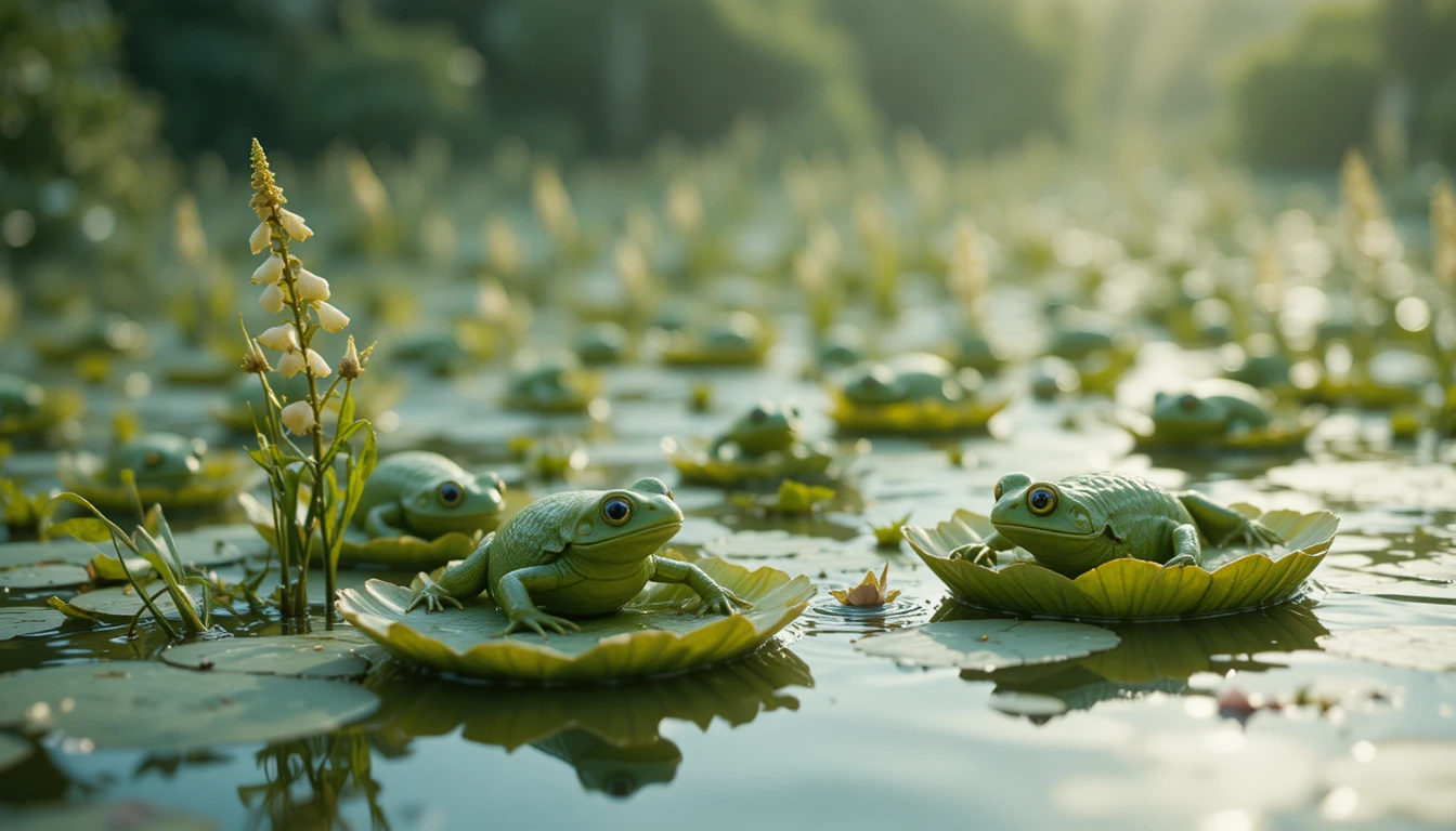 Grandes lírios verdes com sapos em um lago calmo e cristalino