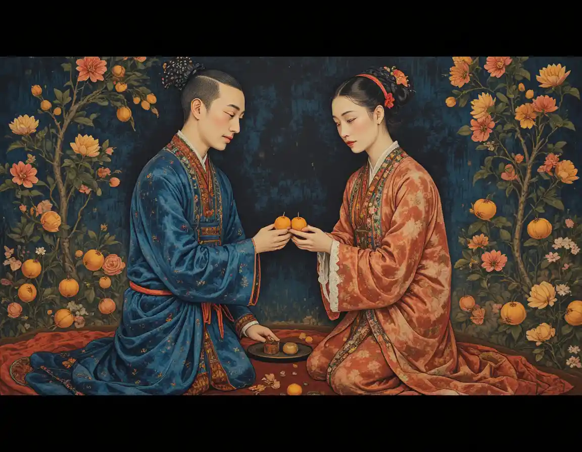 Two figures trading mandarins in antique engraving style