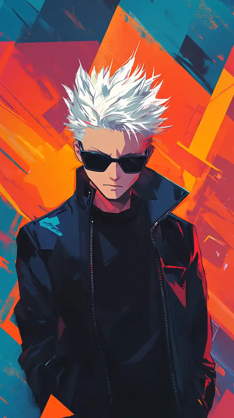 Homem de anime de cabelos prateados em cores divididas e intensas