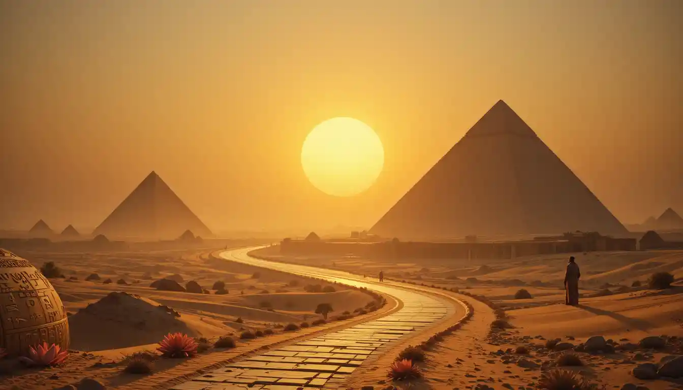 Golden sunrise over Egyptian pyramids and desert Nile