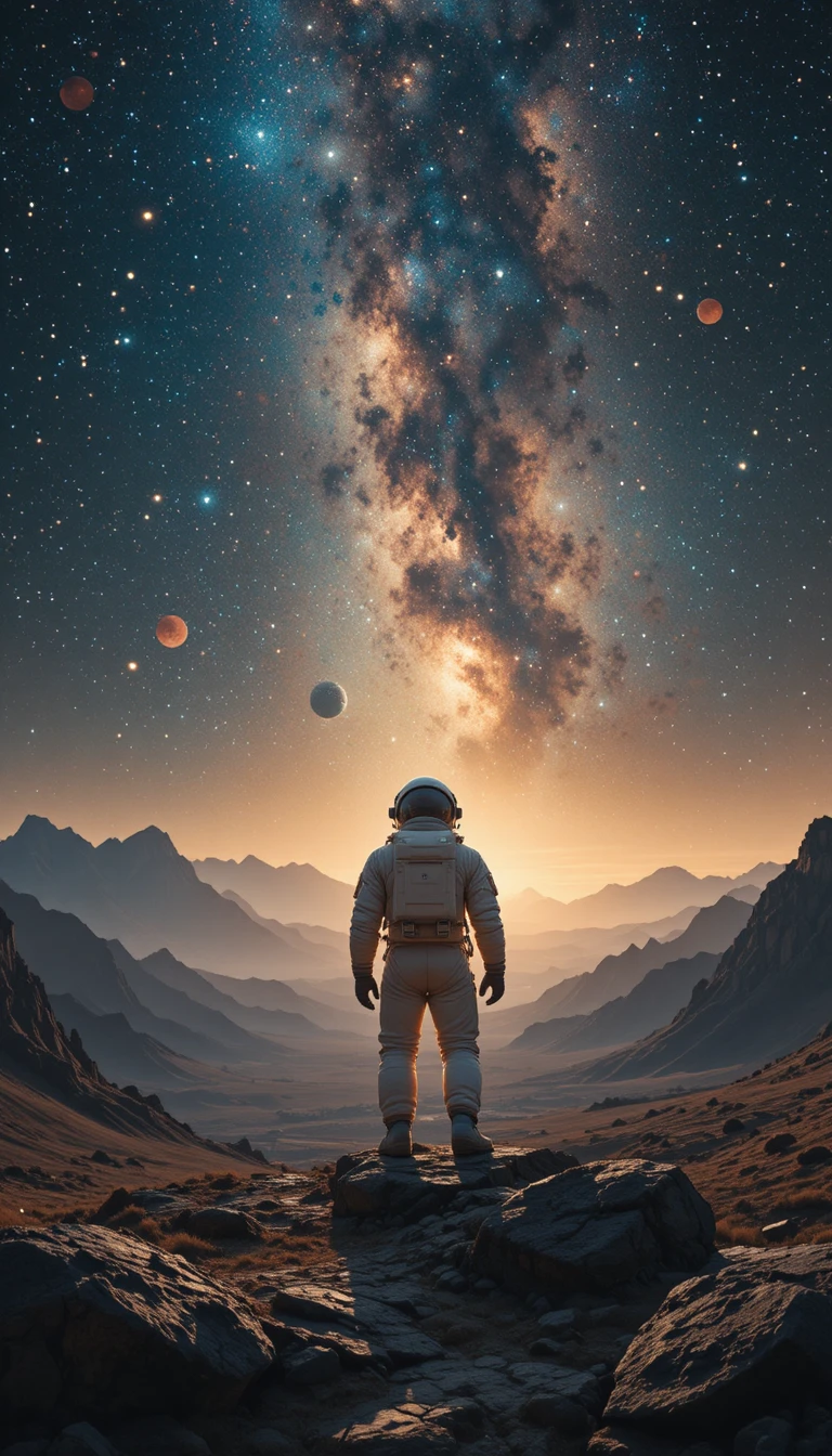 Einsamer Astronaut, der in einer weiten leuchtenden Galaxie treibt
