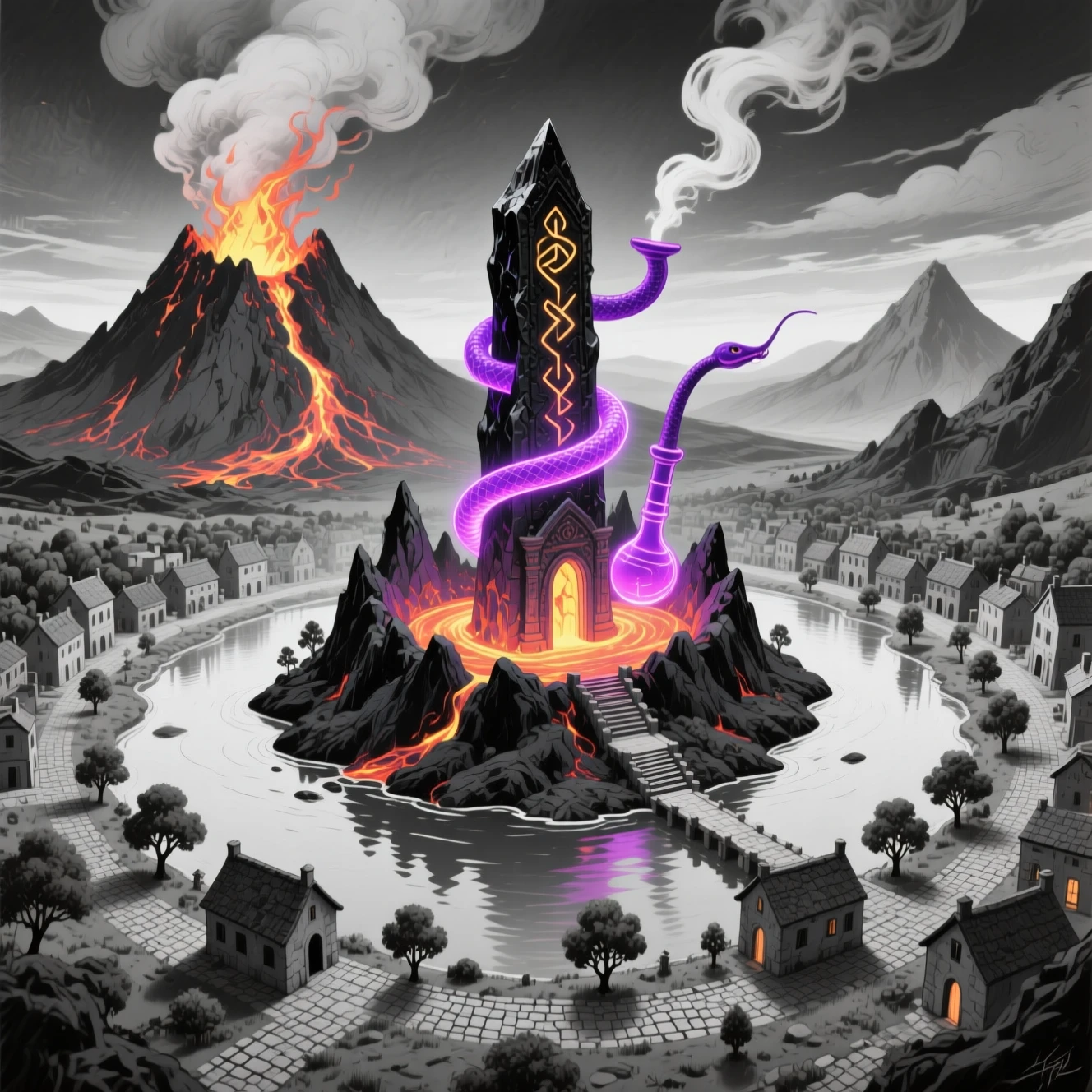 Volcanic island rising above a miniature charcoal town