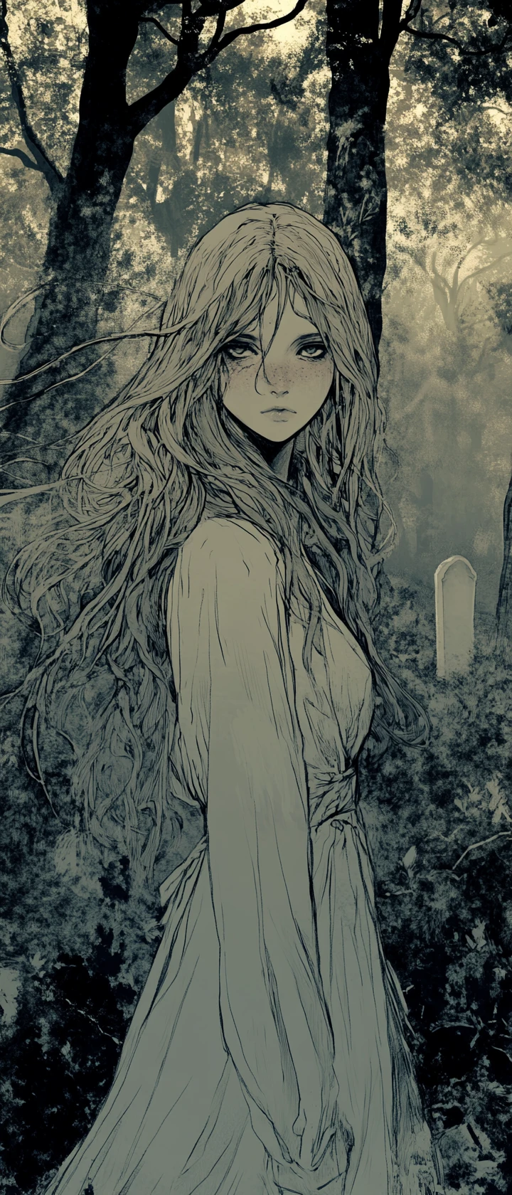Einsames Anime-Mädchen auf nebliger Waldlichtung mit Grabstein