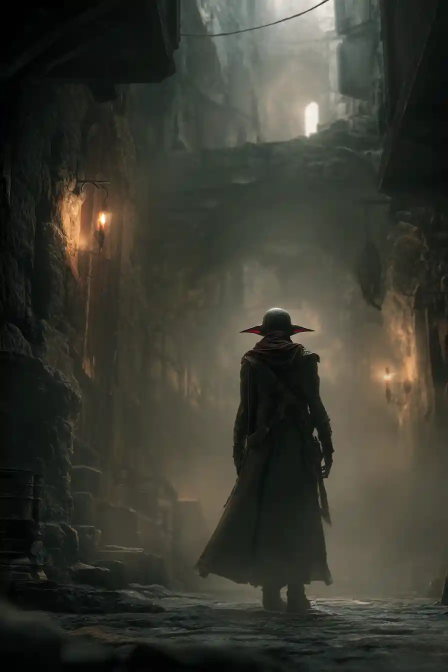Voleuse elfe tapie dans une ruelle de dark fantasy