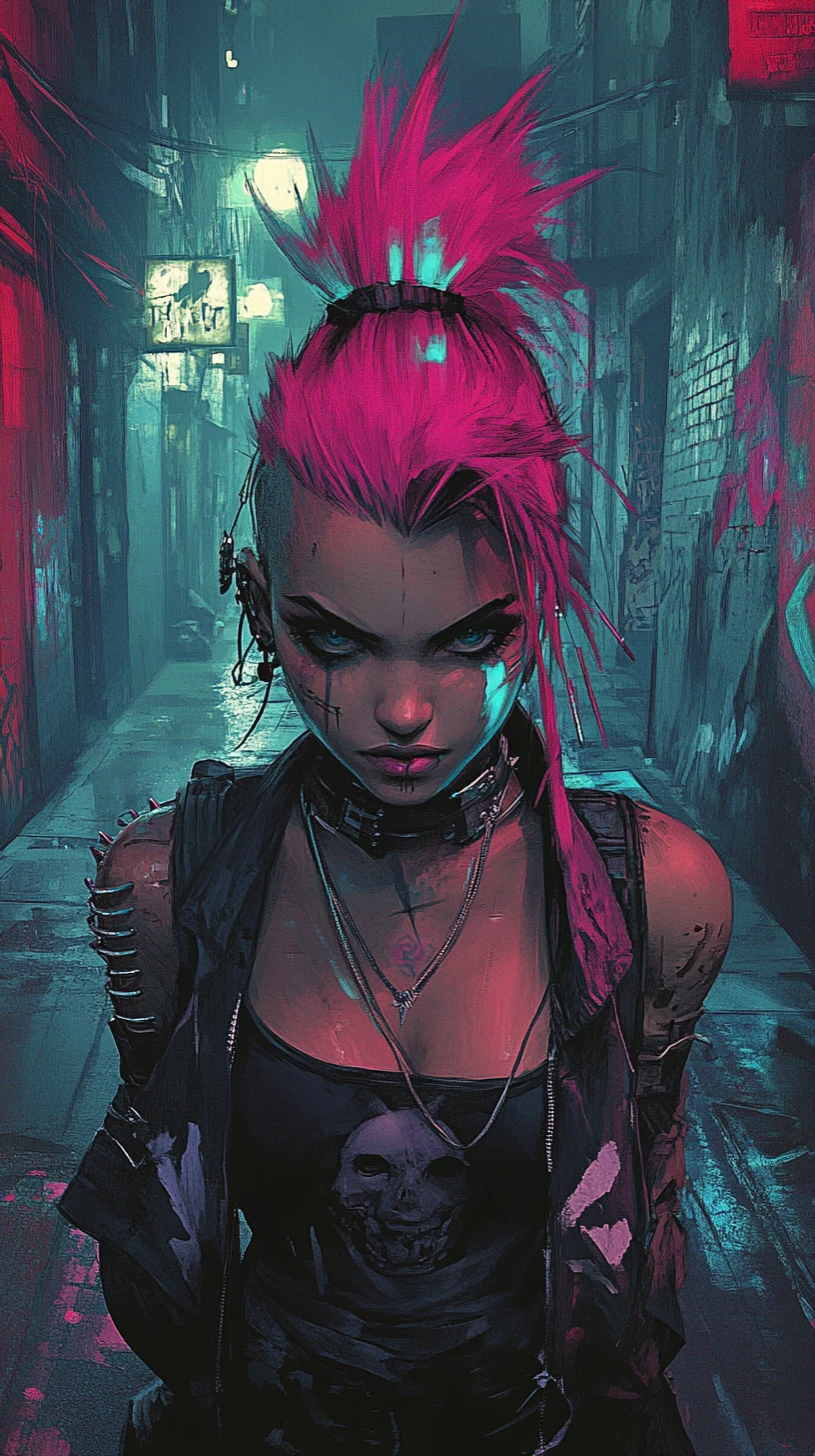 Mulher cyberpunk posando em beco de grafite iluminado por neon